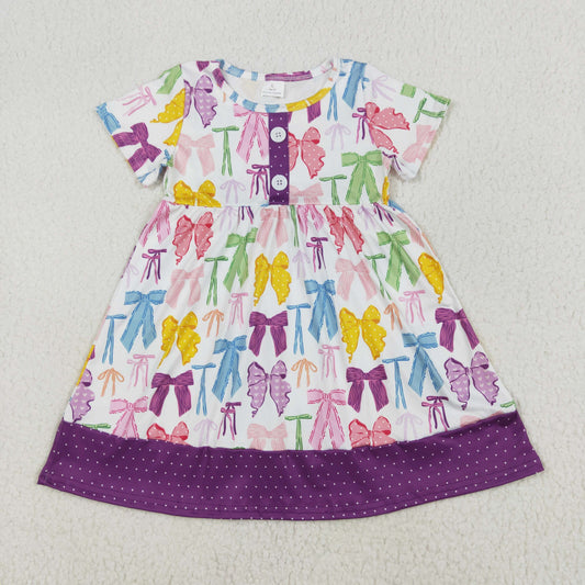 RTS NO MOQ ETA 5/7days Arrived GSD1834 Colorful bow pattern polka dot purple and white short sleeve dress