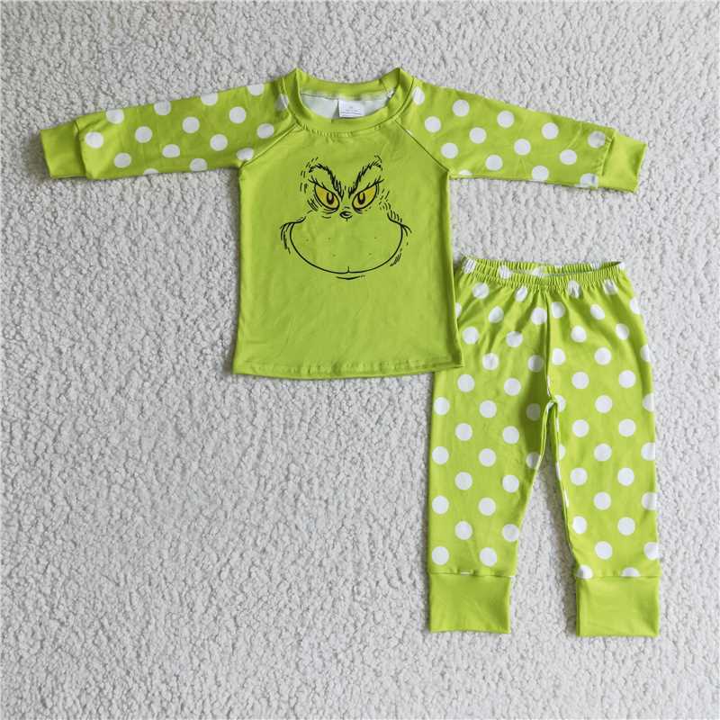 Baby boys Cat smiley face print with green and white stripes and white spots Family siblings set