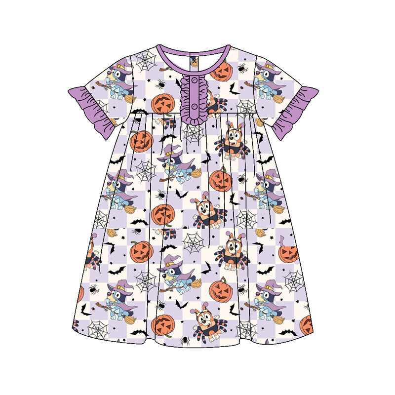 5.7custom each style moq 5eta 4-5week Sibling Sister Halloween pumpkin prints white and purple girls and boys outfits and baby romper and backpack match family design