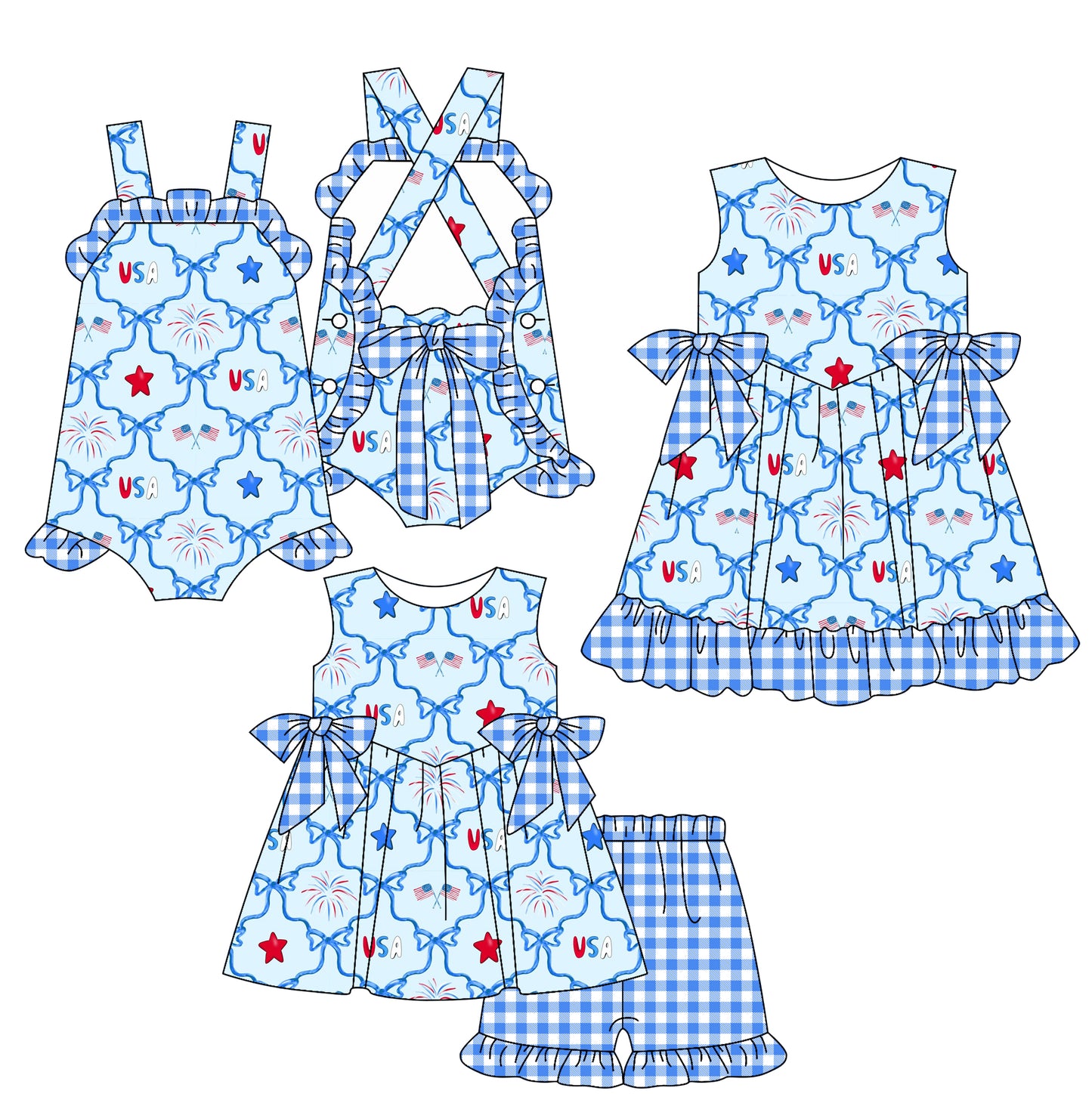 2.13 custom each style moq 5eta 4-6week Sibling Sisters USA baby girl short sleeve shorts sets and dress and rompers match family design