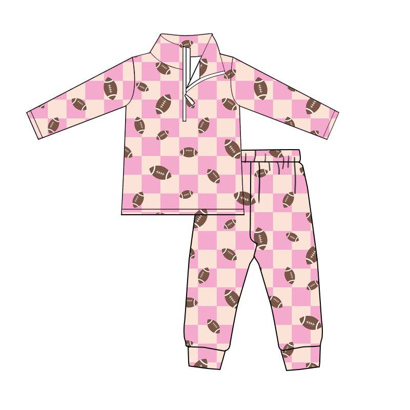 4.27custom moq 5 eta 4-5weeks AUTUMN FOOTBALL PRINTS PINK PLAID WITH ZIPPER LONG SLEEVES AND LONG PANTS SET