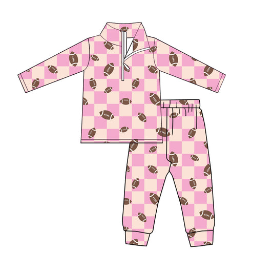 4.27custom moq 5 eta 4-5weeks AUTUMN FOOTBALL PRINTS PINK PLAID WITH ZIPPER LONG SLEEVES AND LONG PANTS SET