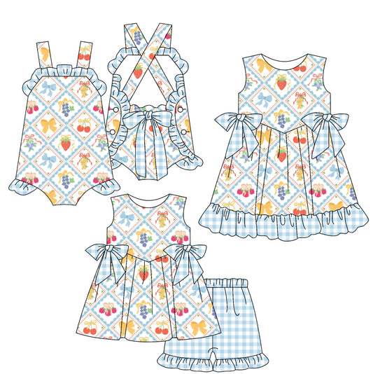 3.15 custom each style moq 5eta 4-6week Sibling Sisters bow strawberry baby girl short sleeve shorts sets and dress and rompers match family design