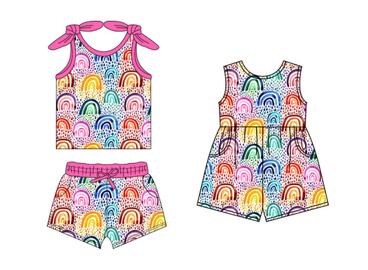 1.18 custom each style moq 5eta 4-6week Sibling Sister rainbow baby girls short sleeve shorts sets and jumpsuit match design