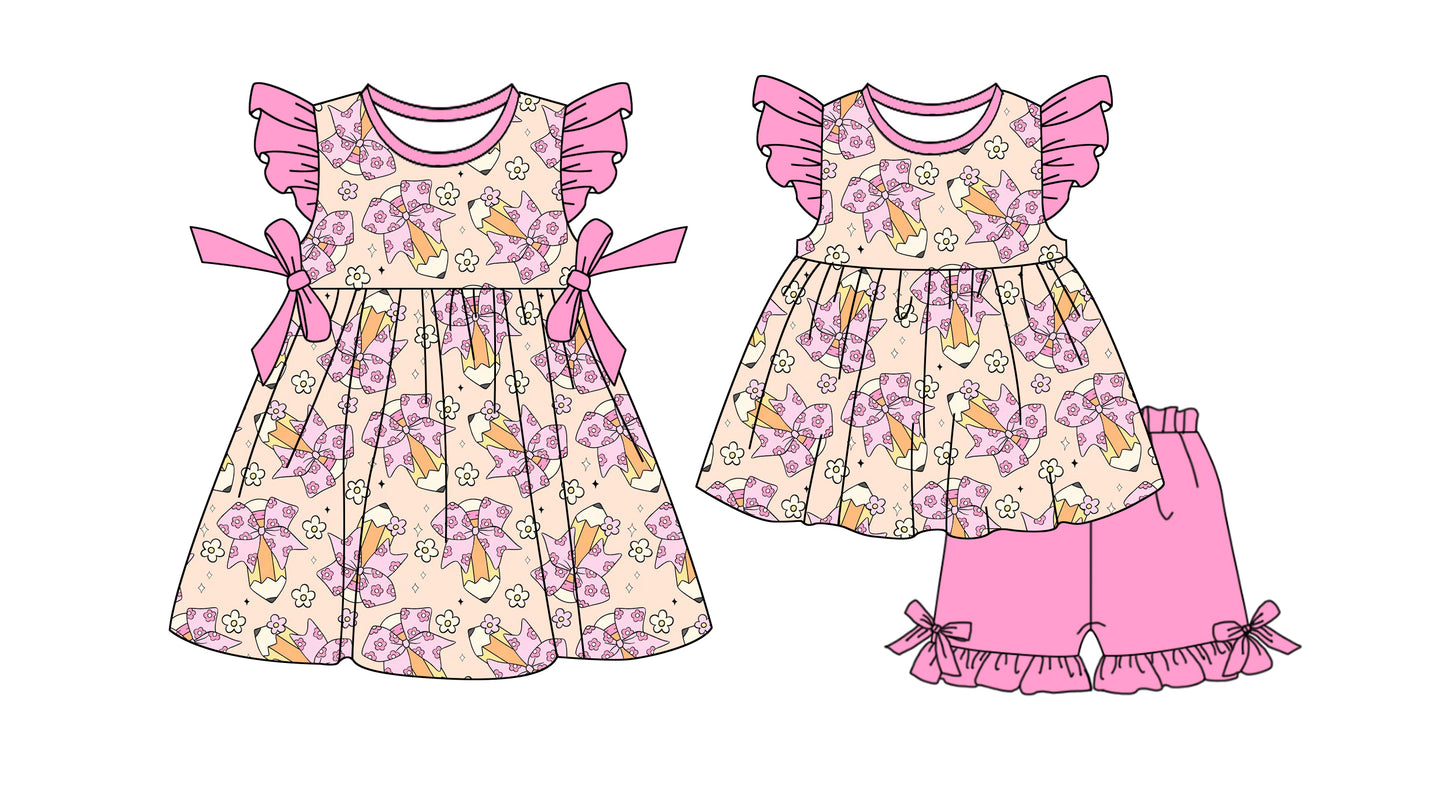 1.6 custom each style moq 5eta 4-6week Sibling Sister pencil bow baby girl short sleeve shorts sets and dresses match design