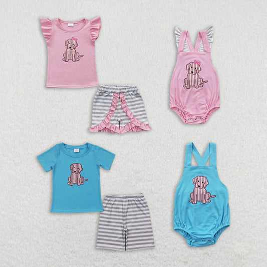 Baby Kids puppy Summer Embroidery Sibling Rompers Clothes Set