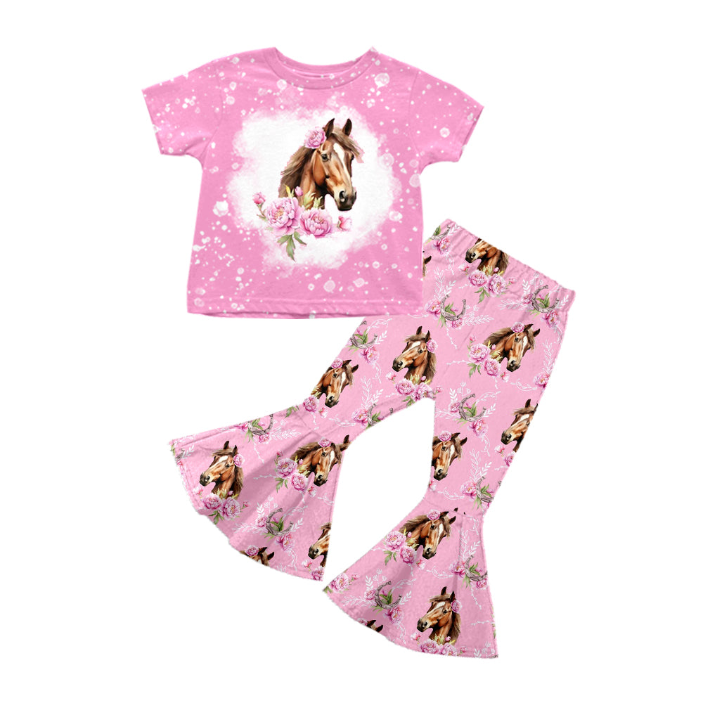 5.2custom each style moq 5eta 4-5week horse flower prints pink girls outfits set and baby romper