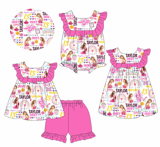 1.15 custom each style moq 5eta 4-6week Sibling Sisters taylor swift baby girl short sleeve shorts sets and dress and rompers match family design