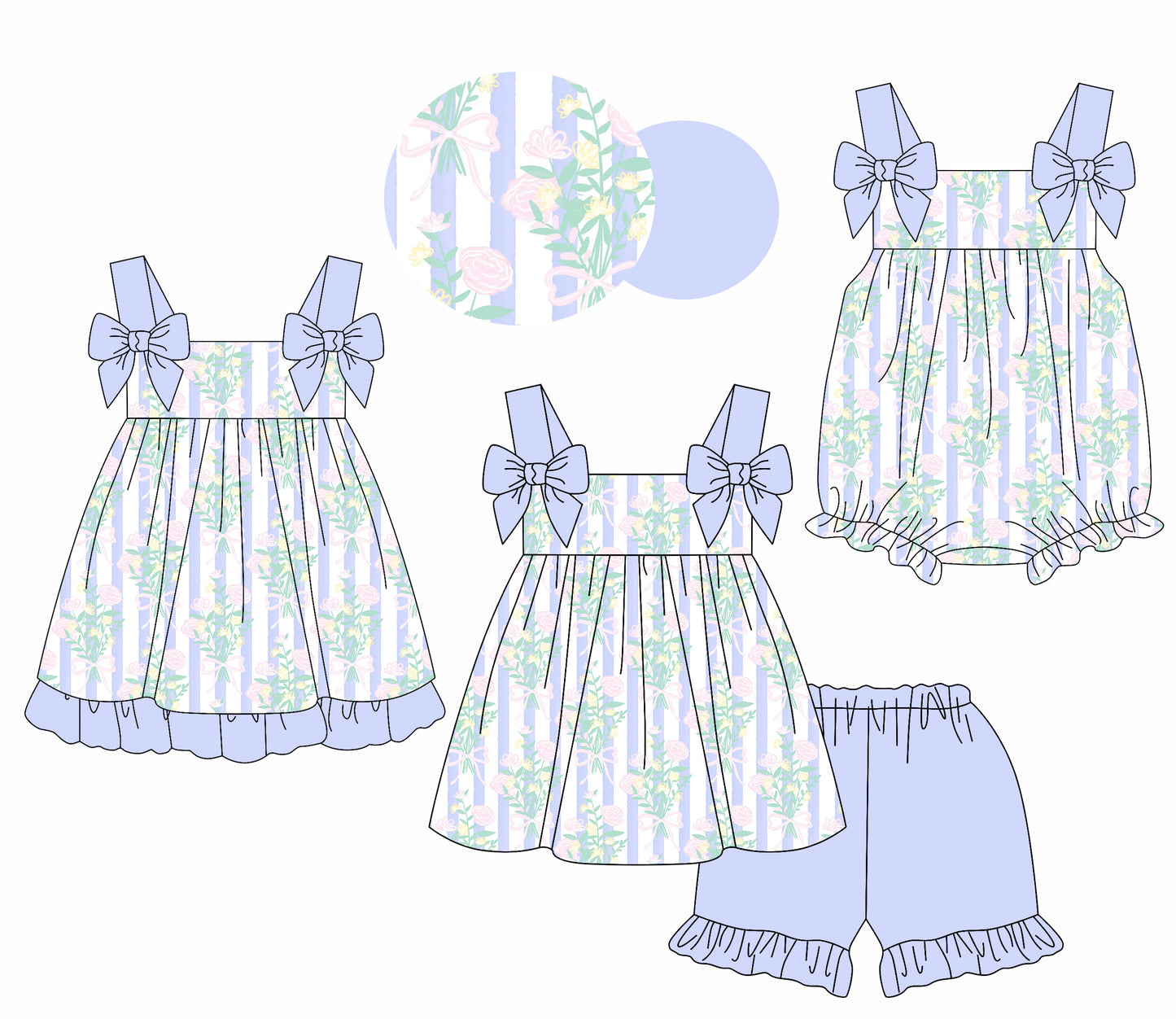 1.21 custom each style moq 5eta 4-6week Sibling Sisters floral bow baby girl short sleeve shorts sets and dress and rompers match family design