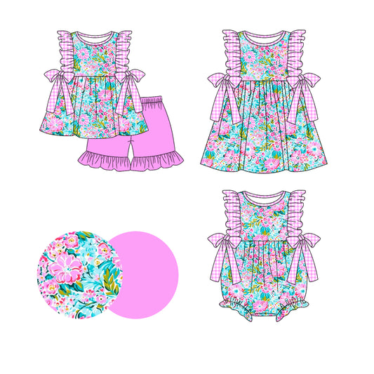 1.4 custom each style moq 5eta 4-6week Sibling Siste floral baby girl short sleeve shorts sets and dress and rompers match family design