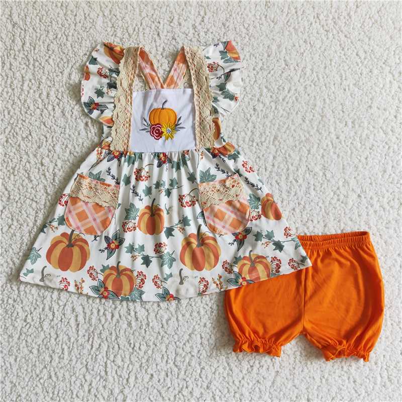 RTS Pumpkin Halloween suit and romper matching clothes Embroidered flower Halloween suit skirt