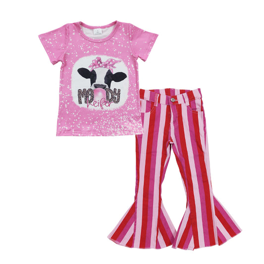 GT0128 Girls MOODY Cow Pink Short Sleeve Top+P0043 Light pink, dark pink and bright red striped denim trousers