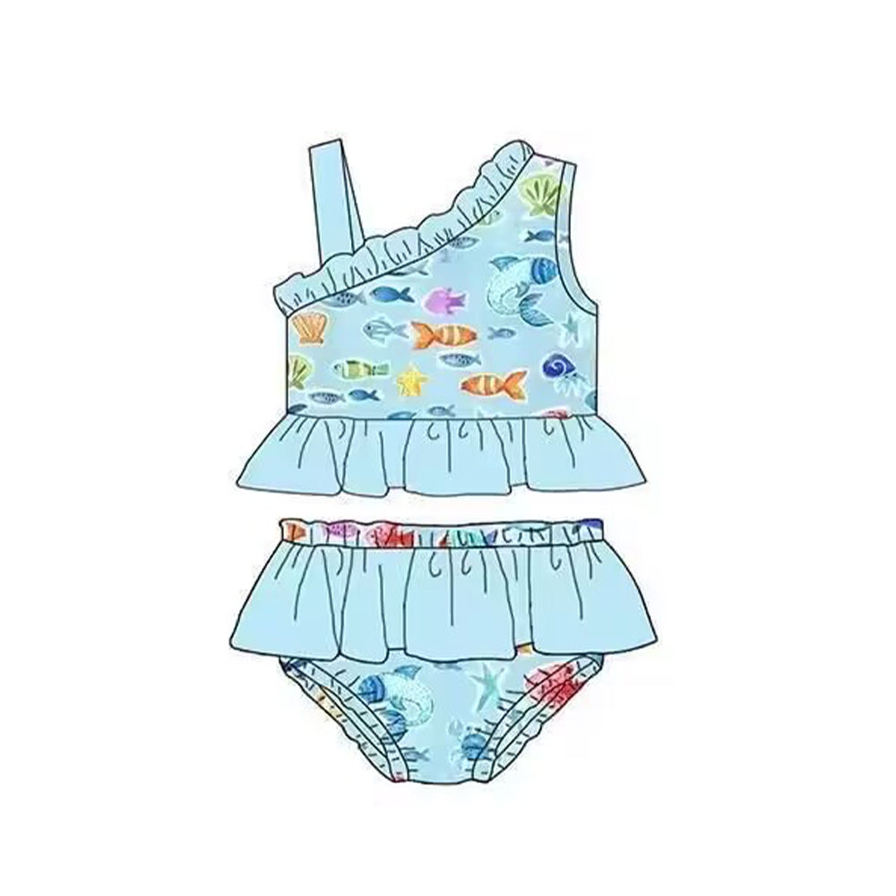 5.10custom each style moq 5eta 4-5week Sibling Sister ocean fish prints blue girls and boys outfits and baby romper swimsuit match family design