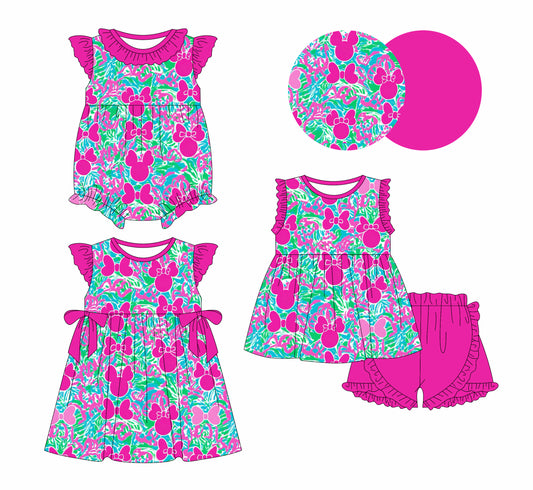 1.8 custom each style moq 5eta 4-6week Sibling Sister floral bow baby girl short sleeve shorts sets and dress and rompers match family design