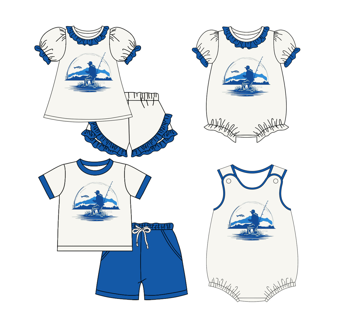 25.11.29 custom each style moq 5 eta 6-8week Sibling Sister fishing baby short sleeve shorts sets 2 and romper 2 match design