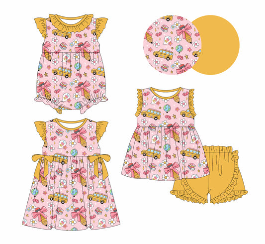 1.2 custom each style moq 5eta 4-6week Sibling Sistes pencil bow baby girl short sleeve shorts sets and dress and rompers match family design