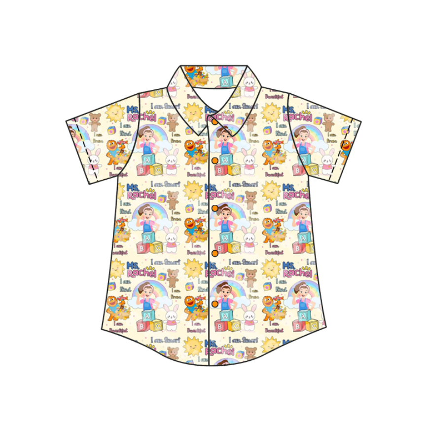 Custom moq 5 mix size milk silk baby boys clothes summer cartoon button short sleeve top