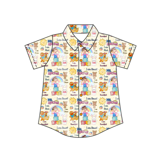 Custom moq 5 mix size milk silk baby boys clothes summer cartoon button short sleeve top