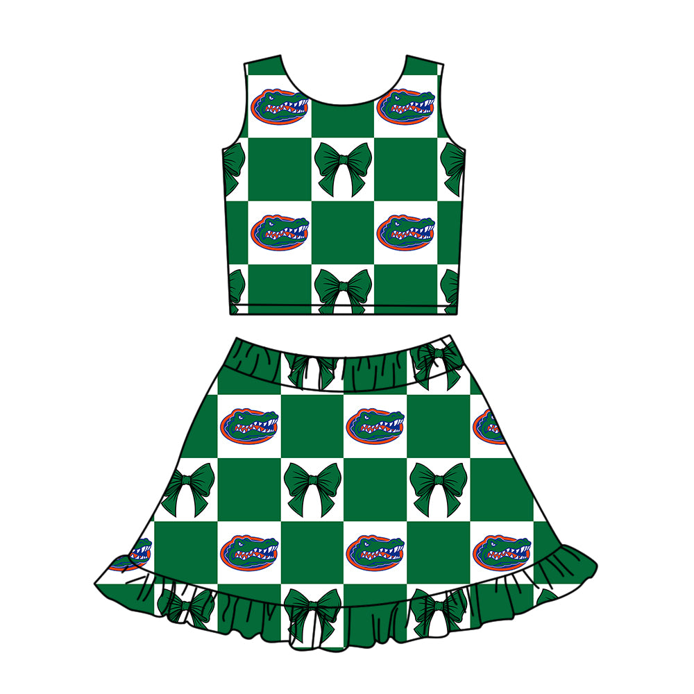 Custom moq 3 or 5 mix size milk silk summer teams baby girl clothes bow green sleeveless skirts sets-26.1.17