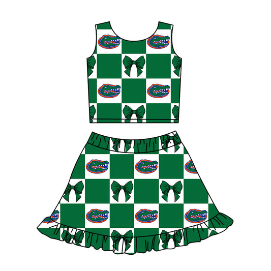 Custom moq 3 or 5 mix size milk silk summer teams baby girl clothes bow green sleeveless skirts sets-26.1.17