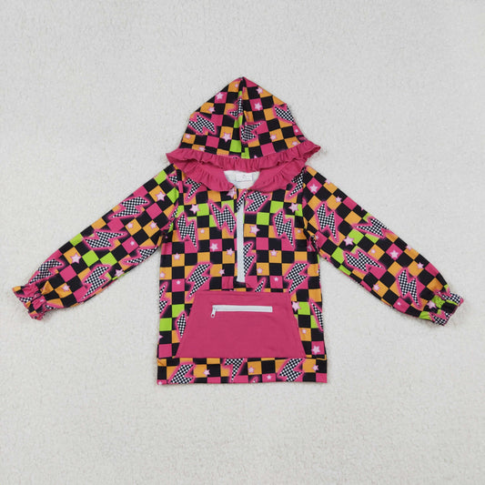 RTS NO MOQ（In Stock) GT1117 Lightning star plaid rose red lace zip-up long-sleeved hooded top