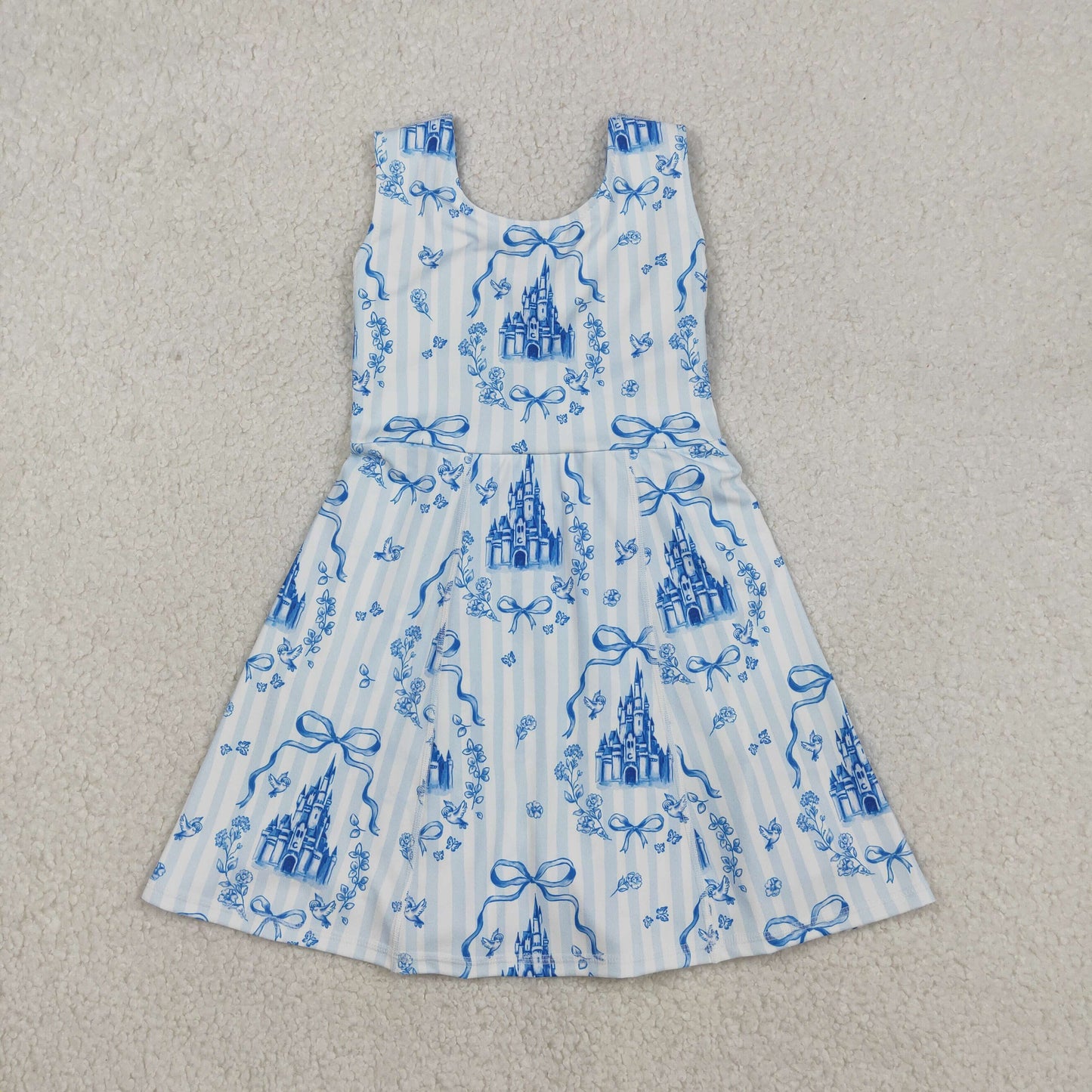 RTS NO MOQ（In Stock) Bow Pattern Castle Blue Striped Yoga Sleeveless Dress