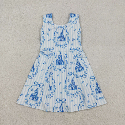 RTS NO MOQ（In Stock) Bow Pattern Castle Blue Striped Yoga Sleeveless Dress