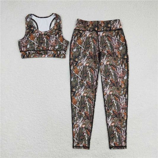 RTS NO MOQ（In Stock) GSPO1460 Twig Adult female branch and leaf pattern sleeveless pants yoga suit