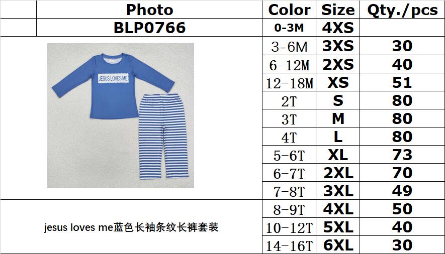 RTS NO MOQ ETA 5/7days Arrived BLP0766 jesus loves me blue long-sleeved striped trousers suit