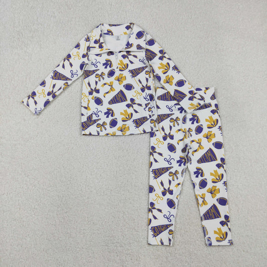 RTS NO MOQ（In Stock) GT1226+P0848 Football yellow and purple flared bow pattern zip-up yoga long-sleeved top pants set