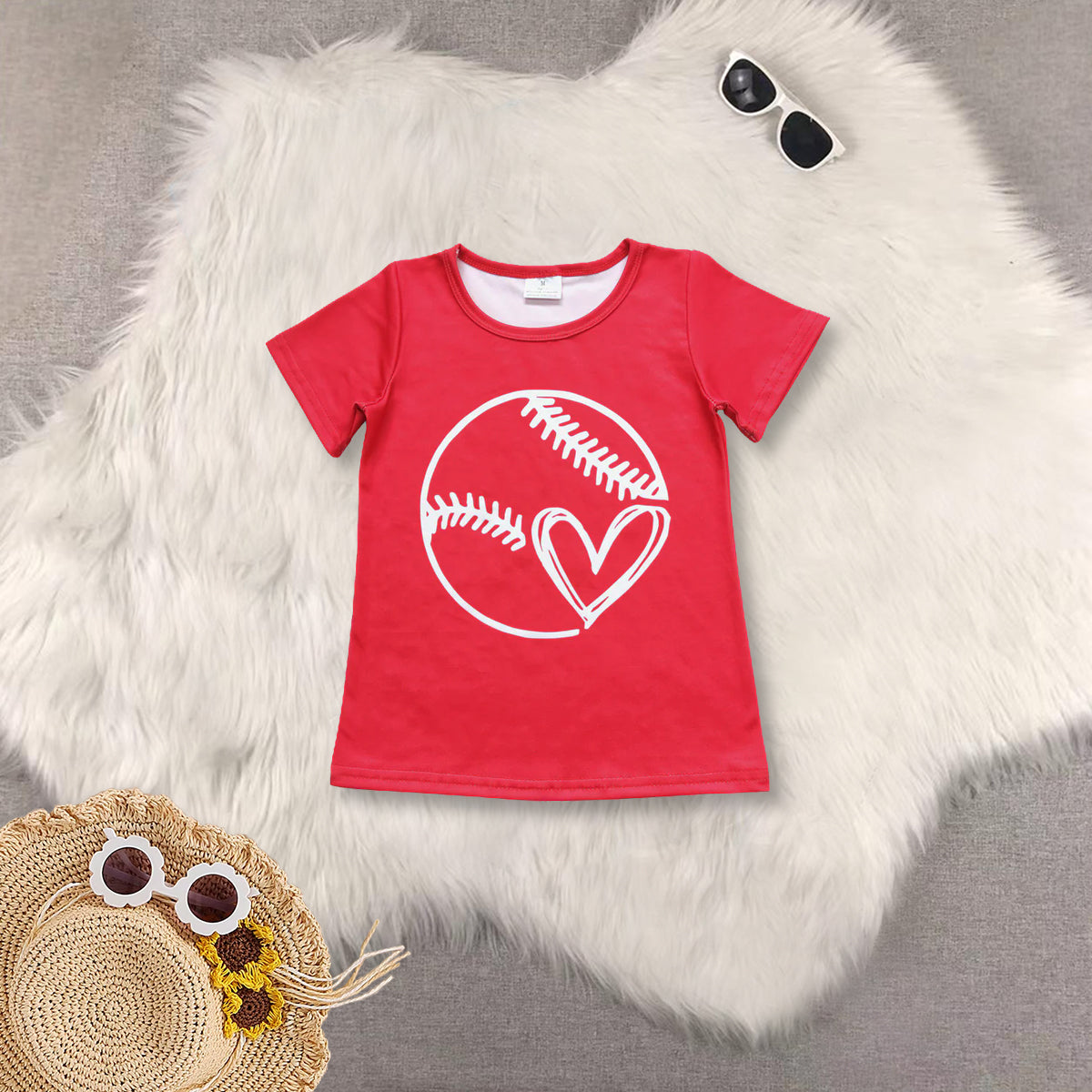 RTS NO MOQ Sibling baby girl clothes love baseball red short-sleeved top lace trousers sets and top and pants