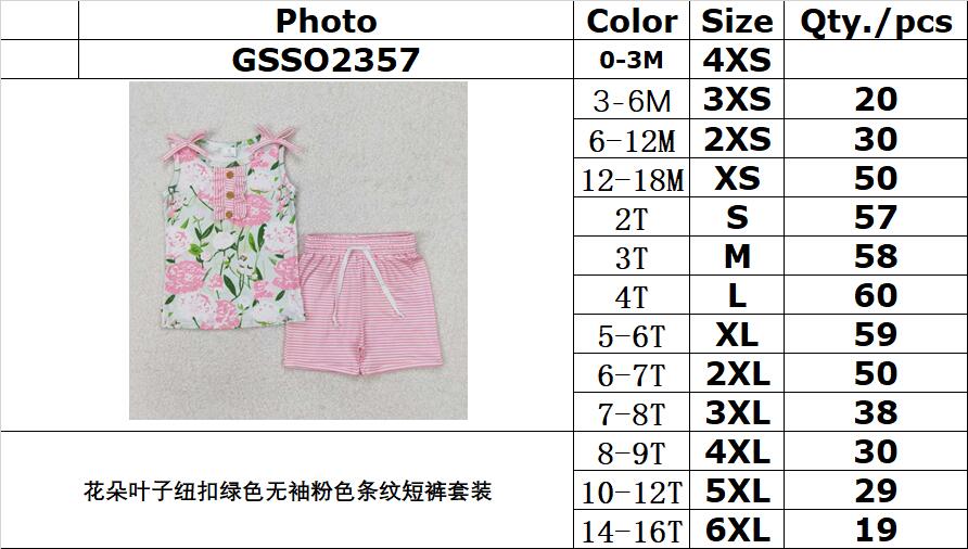 RTS NO MOQ ETA 5/7days Arrived GSSO2357 Flower and leaf button green sleeveless pink striped shorts set