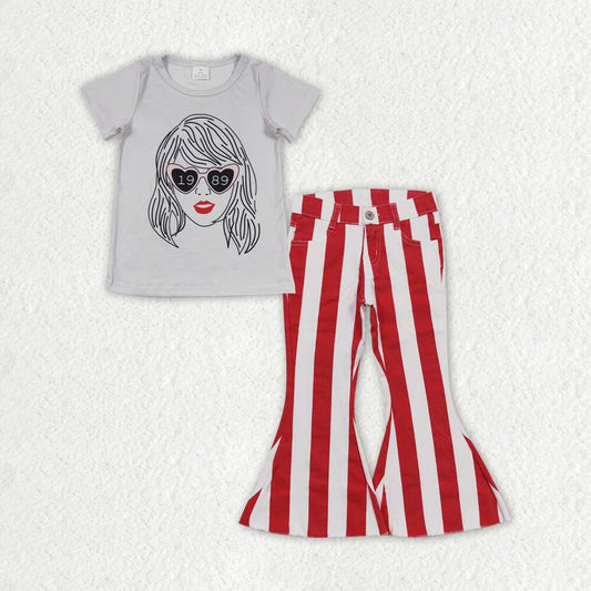 GT0434 1989 taylor swift gray short-sleeved top + P0246 Red and white striped denim jeans