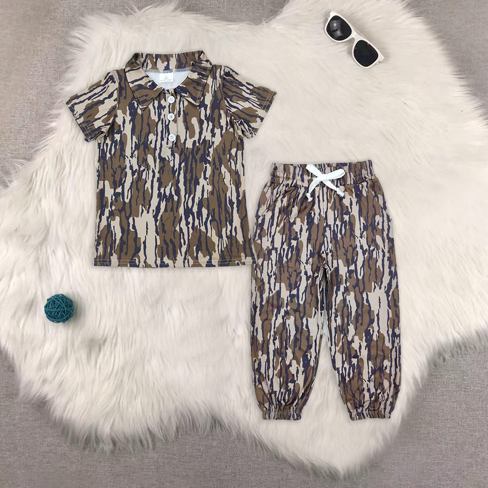 RTS NO MOQ BT1207+P0649 Camouflage beige short-sleeved top drawstring trousers sets