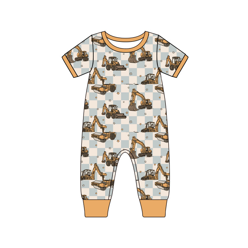 5.8custom each style moq 5eta 4-5week Sibling Sister Excavator and blue plaid prints yellow boys outfits and baby romper match family design