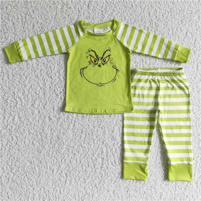 Baby boys Cat smiley face print with green and white stripes and white spots Family siblings set