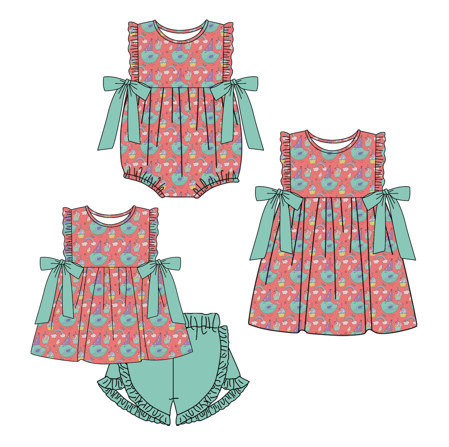 1.17 custom each style moq 5eta 4-6week Sibling Sisters baby girl short sleeve shorts sets and dress and rompers match family design