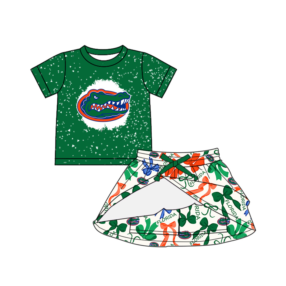 Custom moq 5 mix sizes summer teams baby girls clothes team green short sleeve skirts shorts sets dress 1 and dress 2 and dress 3 and dress 4-25.5.13