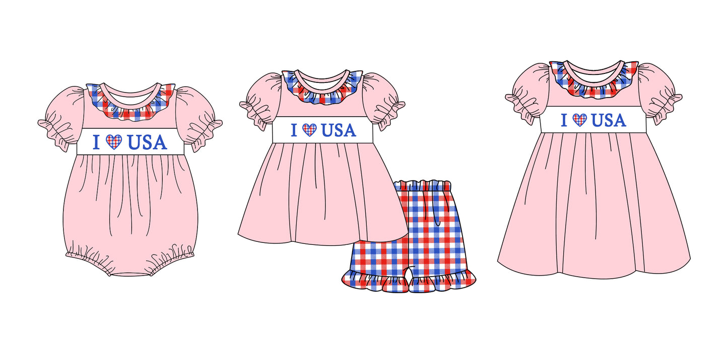 1.8 custom each style moq 5eta 4-6week Sibling Sister 4th of july baby girl short sleeve shorts sets and dress and rompers match family design