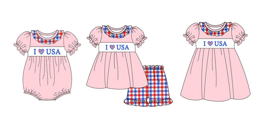 1.8 custom each style moq 5eta 4-6week Sibling Sister 4th of july baby girl short sleeve shorts sets and dress and rompers match family design