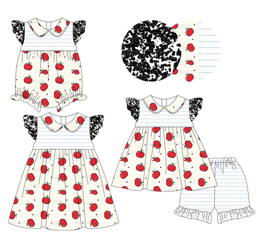 2.13 custom each style moq 5eta 4-6week Sibling Sisters apple baby girl short sleeve shorts sets and dress and rompers match family design