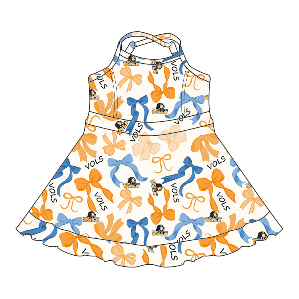 Custom moq 5 mix sizes summer teams baby girls clothes team orange short sleeve skirts shorts sets dress 1 and dress 2 and dress 3 and dress 4-25.5.16