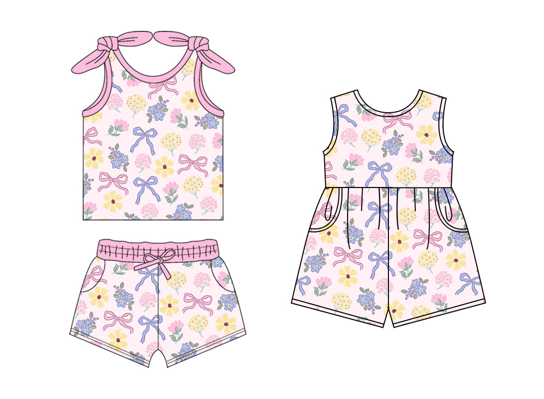 1.18 custom each style moq 5eta 4-6week Sibling Sister floral bow baby girls short sleeve shorts sets and jumpsuit match design