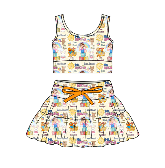 Custom moq 5 mix size milk silk baby girl clothes summer cartoon sleeveless skirts sets