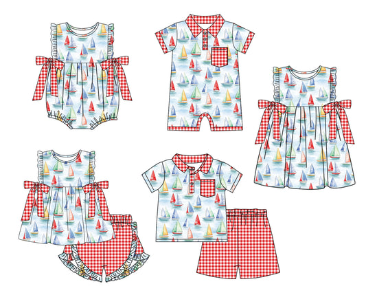 1.23 custom each style moq 5eta 4-6week Sibling Sister boat baby girl short sleeve shorts sets and sets 2 and boy romper and girl romper and dress match design