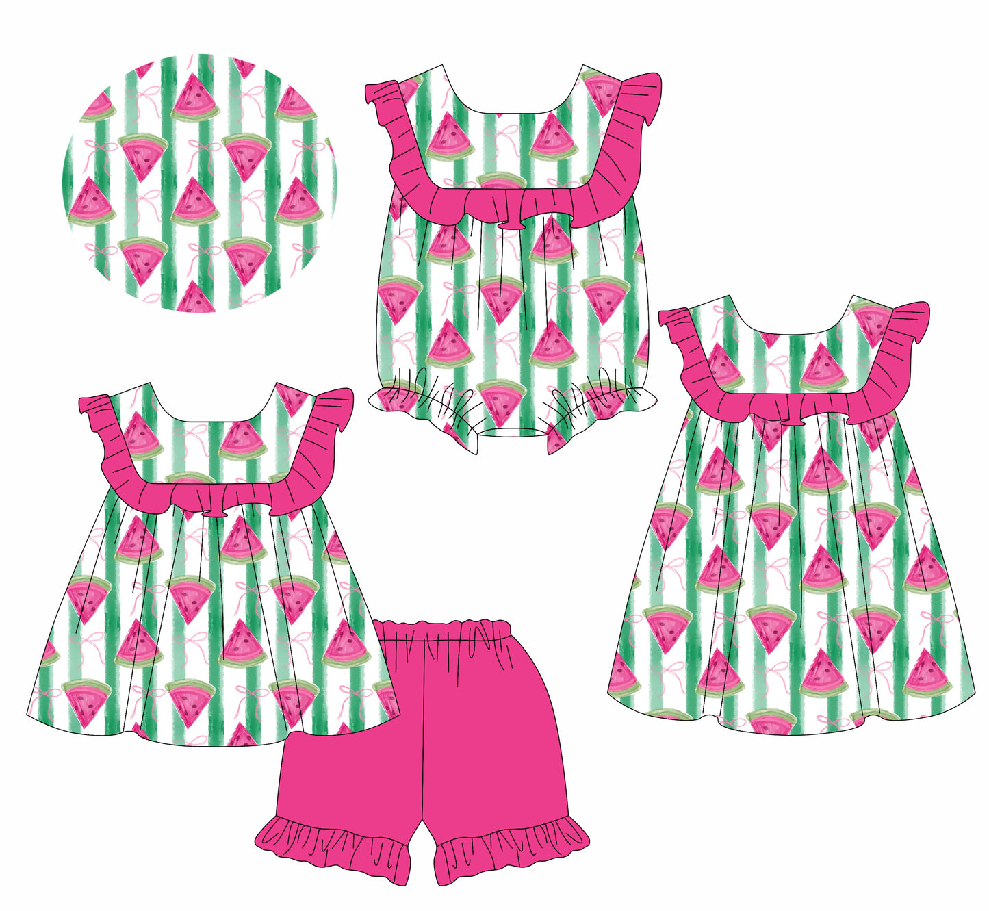 1.13 custom each style moq 5eta 4-6week Sibling Sisters watermelon bow baby girl short sleeve shorts sets and dress and rompers match family design