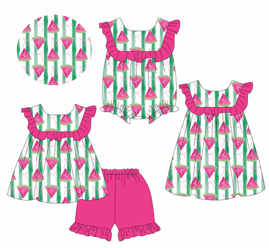 1.13 custom each style moq 5eta 4-6week Sibling Sisters watermelon bow baby girl short sleeve shorts sets and dress and rompers match family design