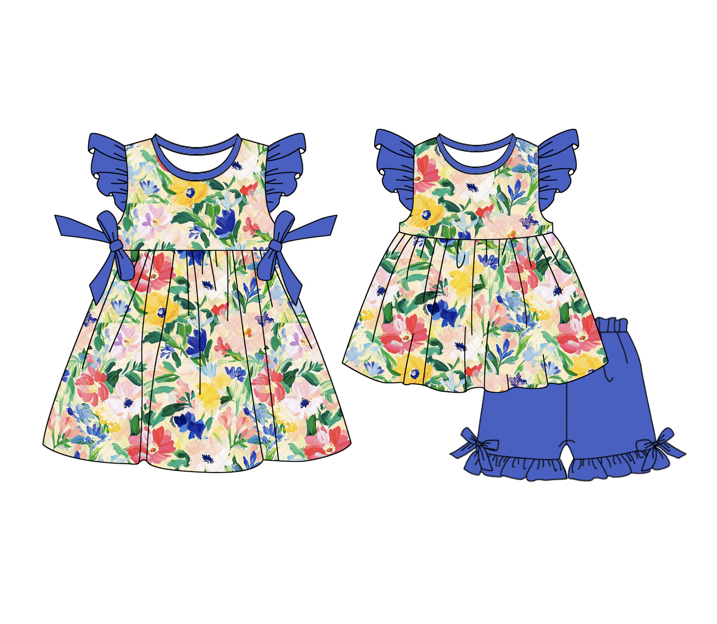 1.4 custom each style moq 5eta 4-6week Sibling Sister floral baby girl short sleeve shorts sets and dresses match design