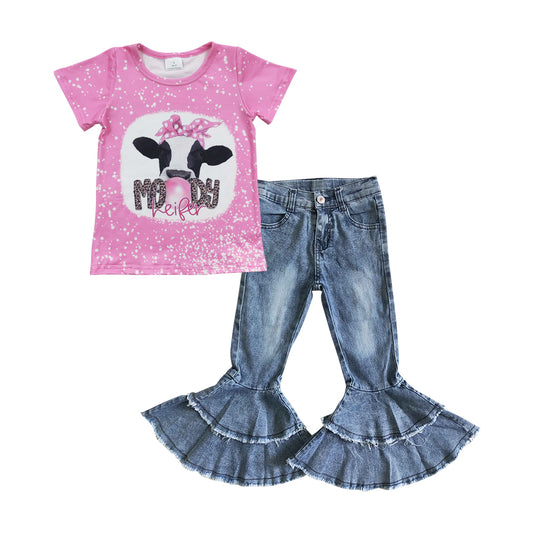 GT0128 Girls MOODY Cow Pink Short Sleeve Top+C5-15 Light bleached double denim flared pants