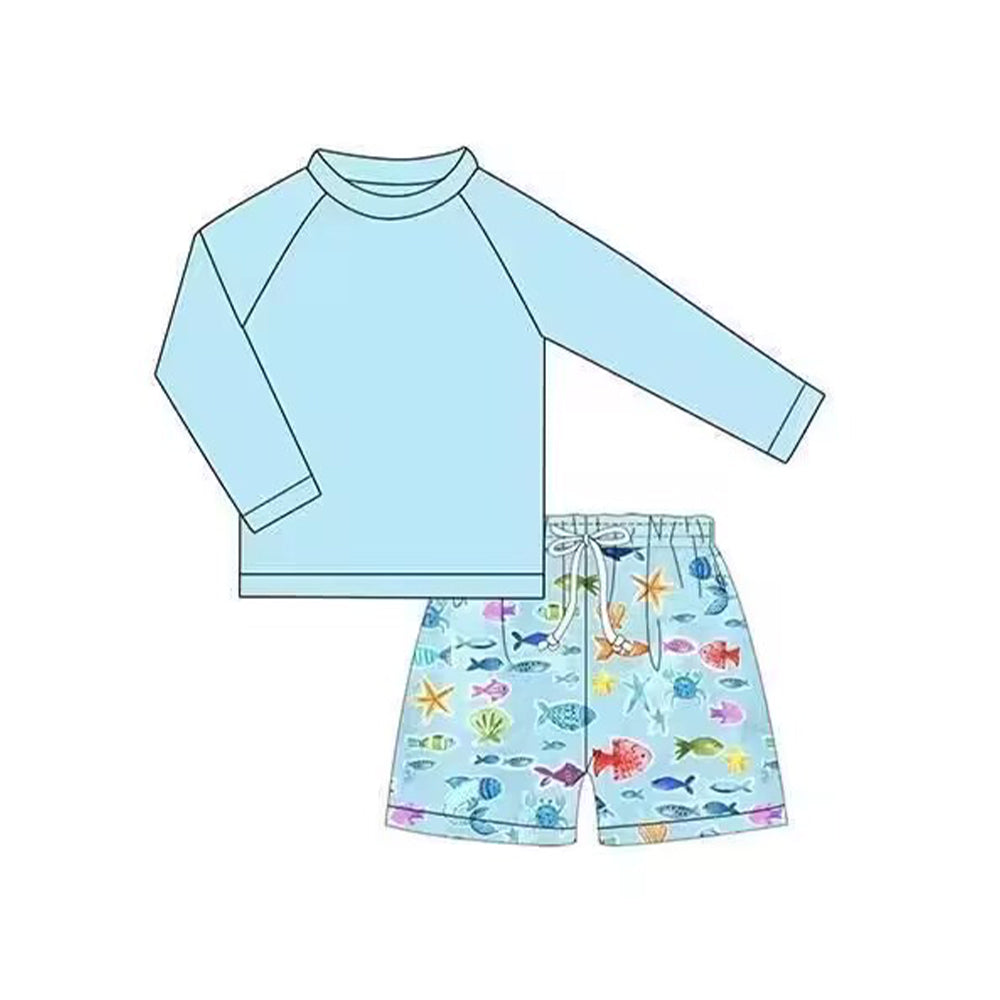 5.10custom each style moq 5eta 4-5week Sibling Sister ocean fish prints blue girls and boys outfits and baby romper swimsuit match family design